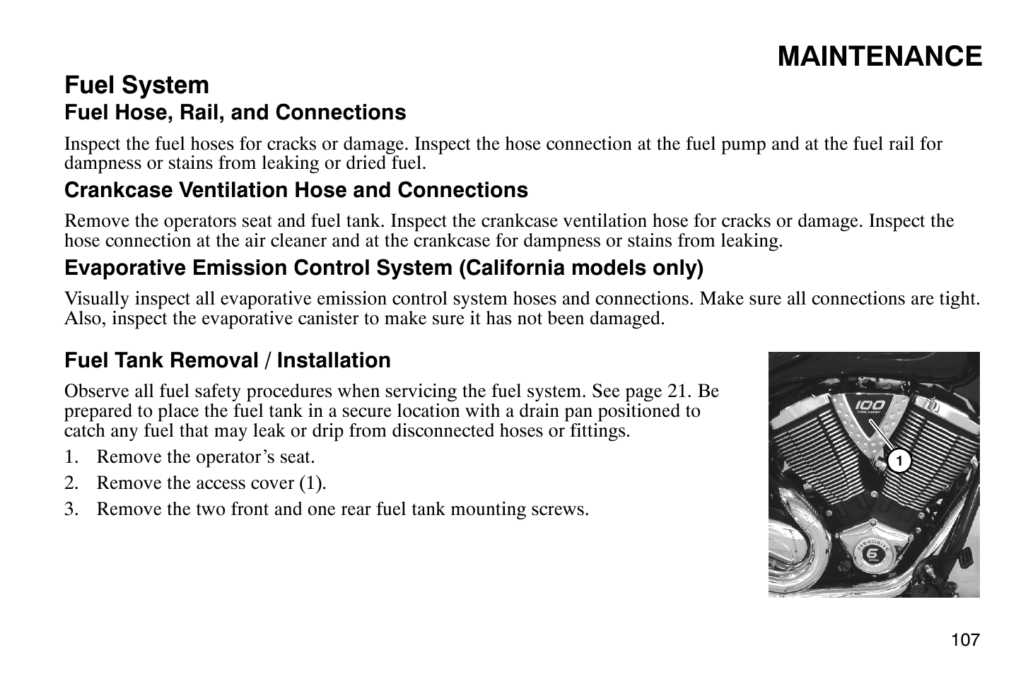 Maintenance, Fuel system | Polaris 2009 Victory Vegas User Manual | Page 112 / 178