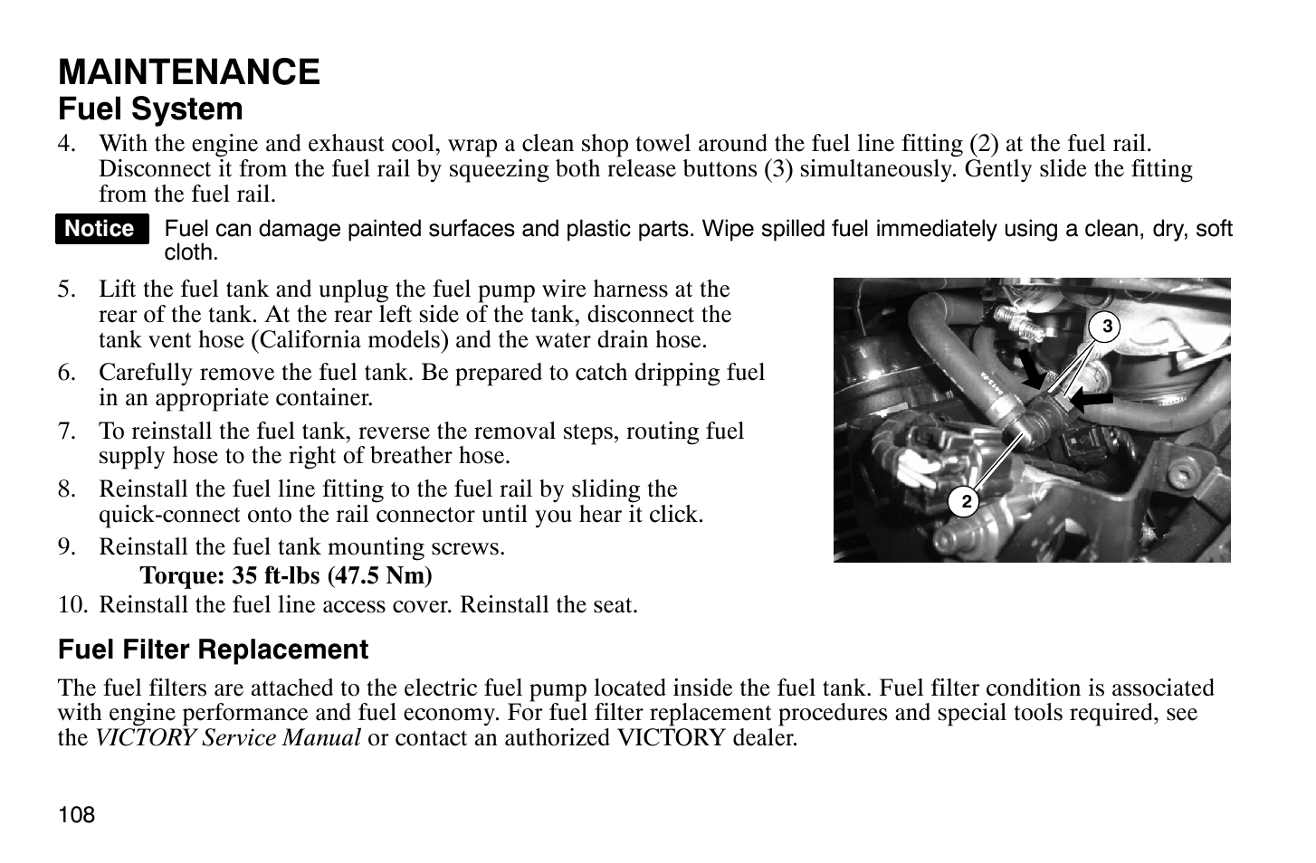 Maintenance, Fuel system | Polaris 2009 Victory Vegas User Manual | Page 113 / 178