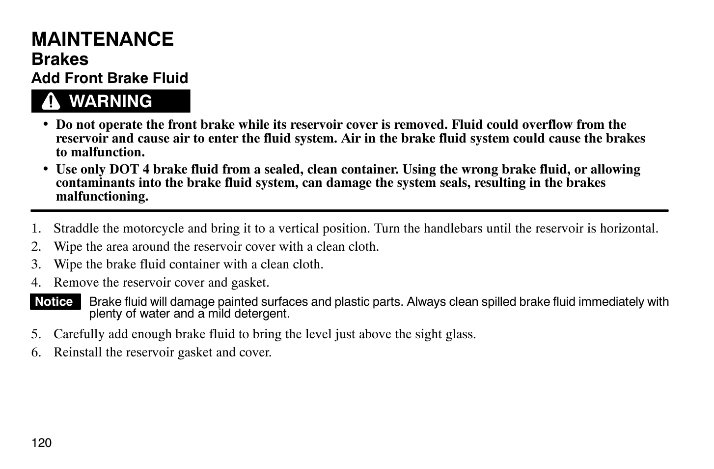 Maintenance, Brakes, Warning | Polaris 2009 Victory Vegas User Manual | Page 125 / 178