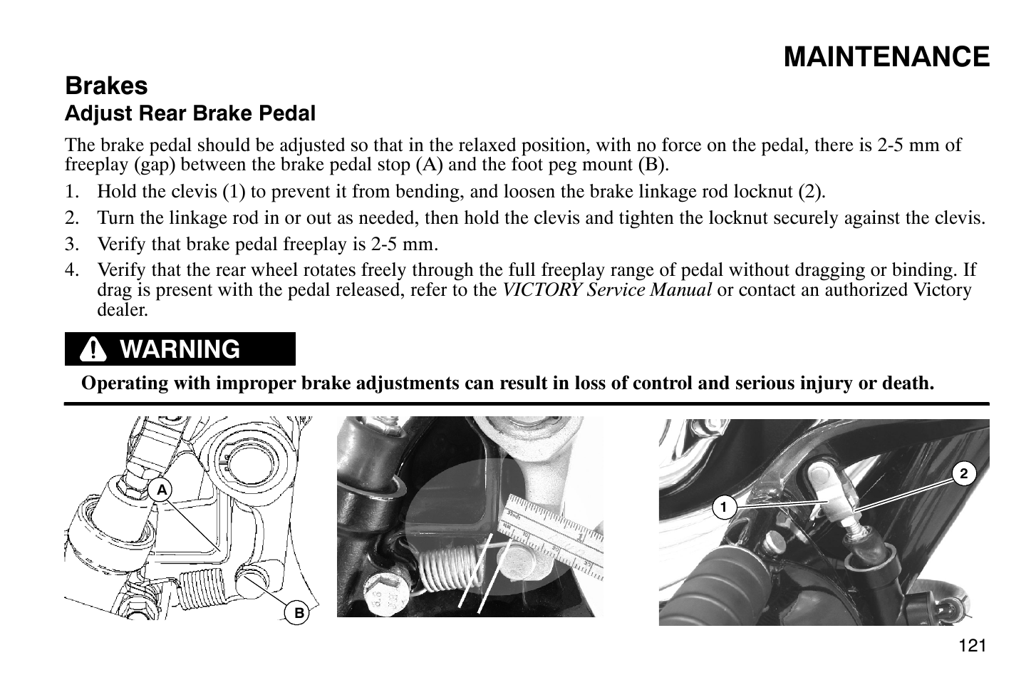 Maintenance, Brakes, Warning | Polaris 2009 Victory Vegas User Manual | Page 126 / 178