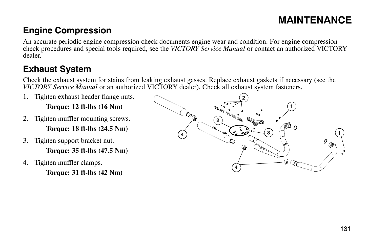 Maintenance, Engine compression, Exhaust system | Polaris 2009 Victory Vegas User Manual | Page 136 / 178