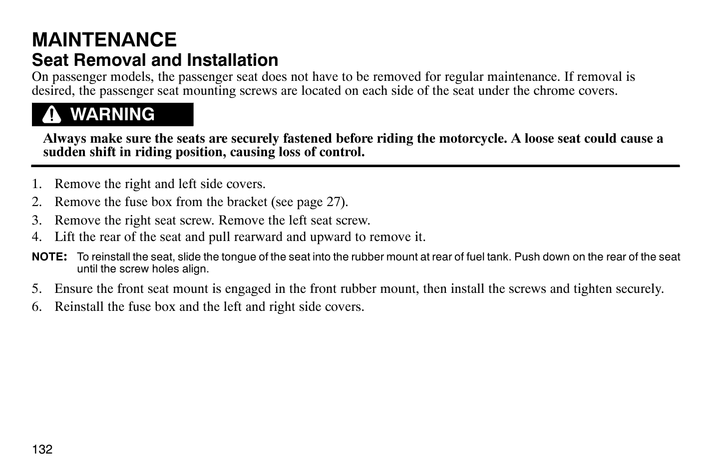 Maintenance, Seat removal and installation, Warning | Polaris 2009 Victory Vegas User Manual | Page 137 / 178
