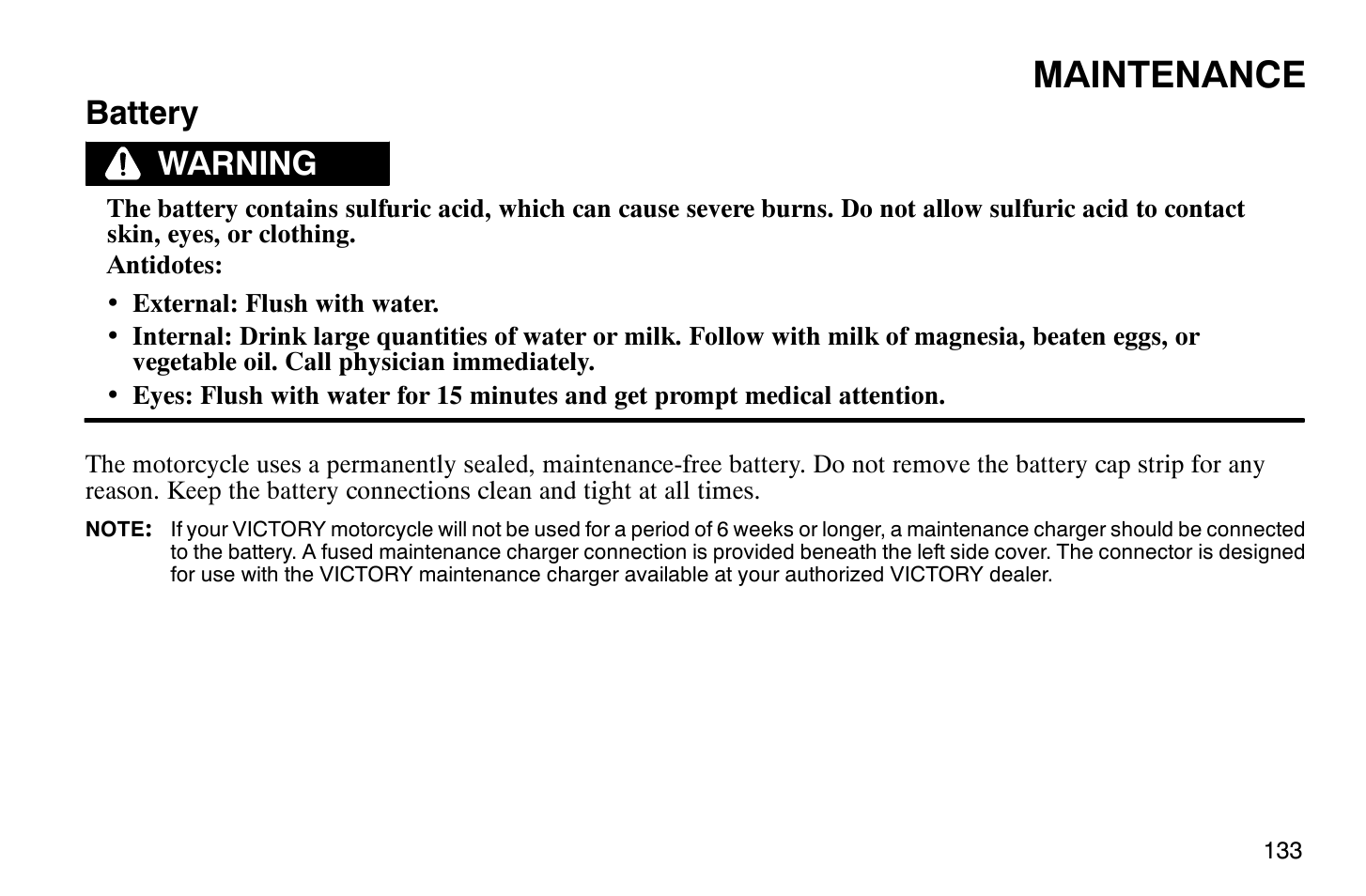 Maintenance, Battery, Warning | Polaris 2009 Victory Vegas User Manual | Page 138 / 178