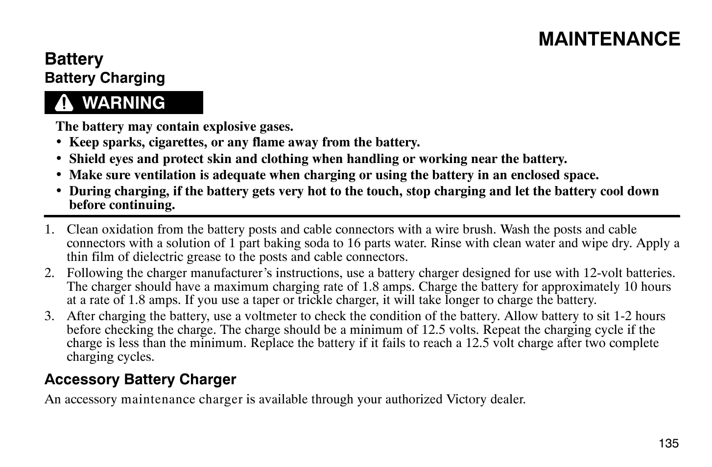 Maintenance, Battery, Warning | Polaris 2009 Victory Vegas User Manual | Page 140 / 178