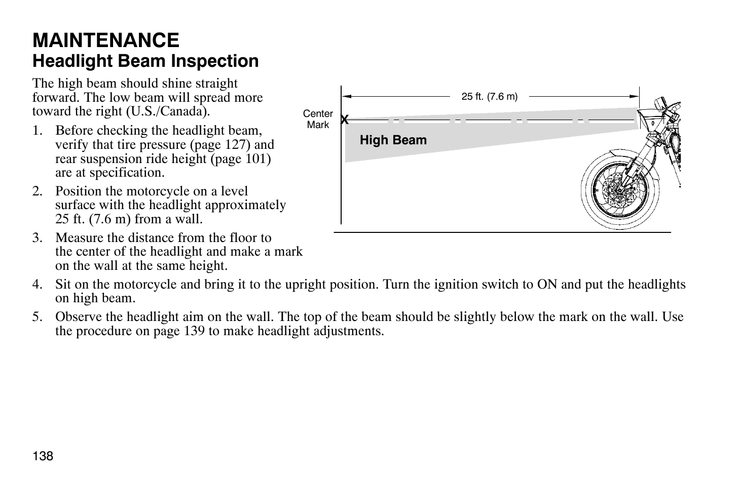 Maintenance, Headlight beam inspection | Polaris 2009 Victory Vegas User Manual | Page 143 / 178