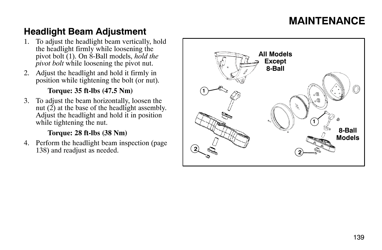 Maintenance, Headlight beam adjustment | Polaris 2009 Victory Vegas User Manual | Page 144 / 178