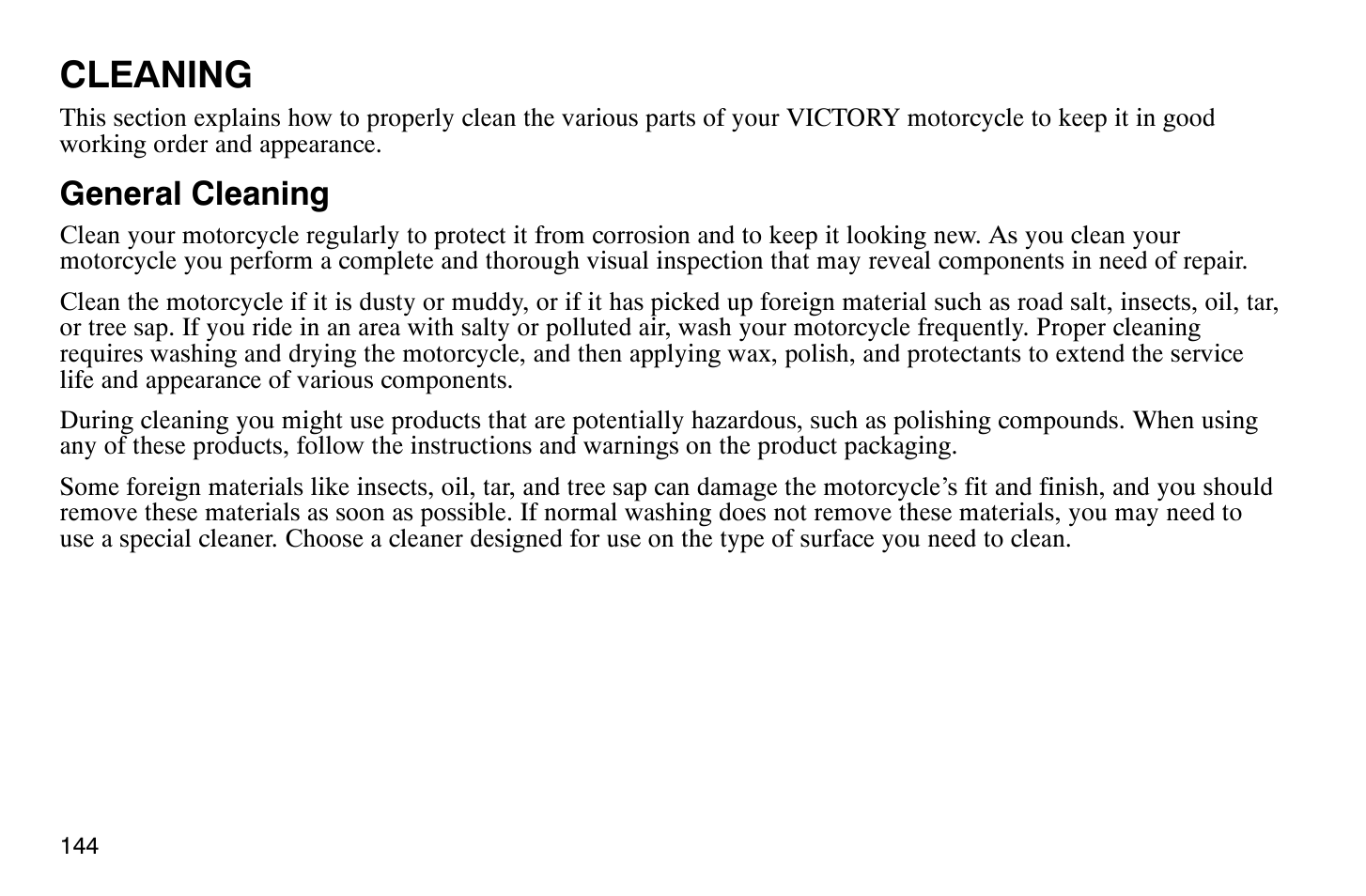 Cleaning, General cleaning | Polaris 2009 Victory Vegas User Manual | Page 149 / 178