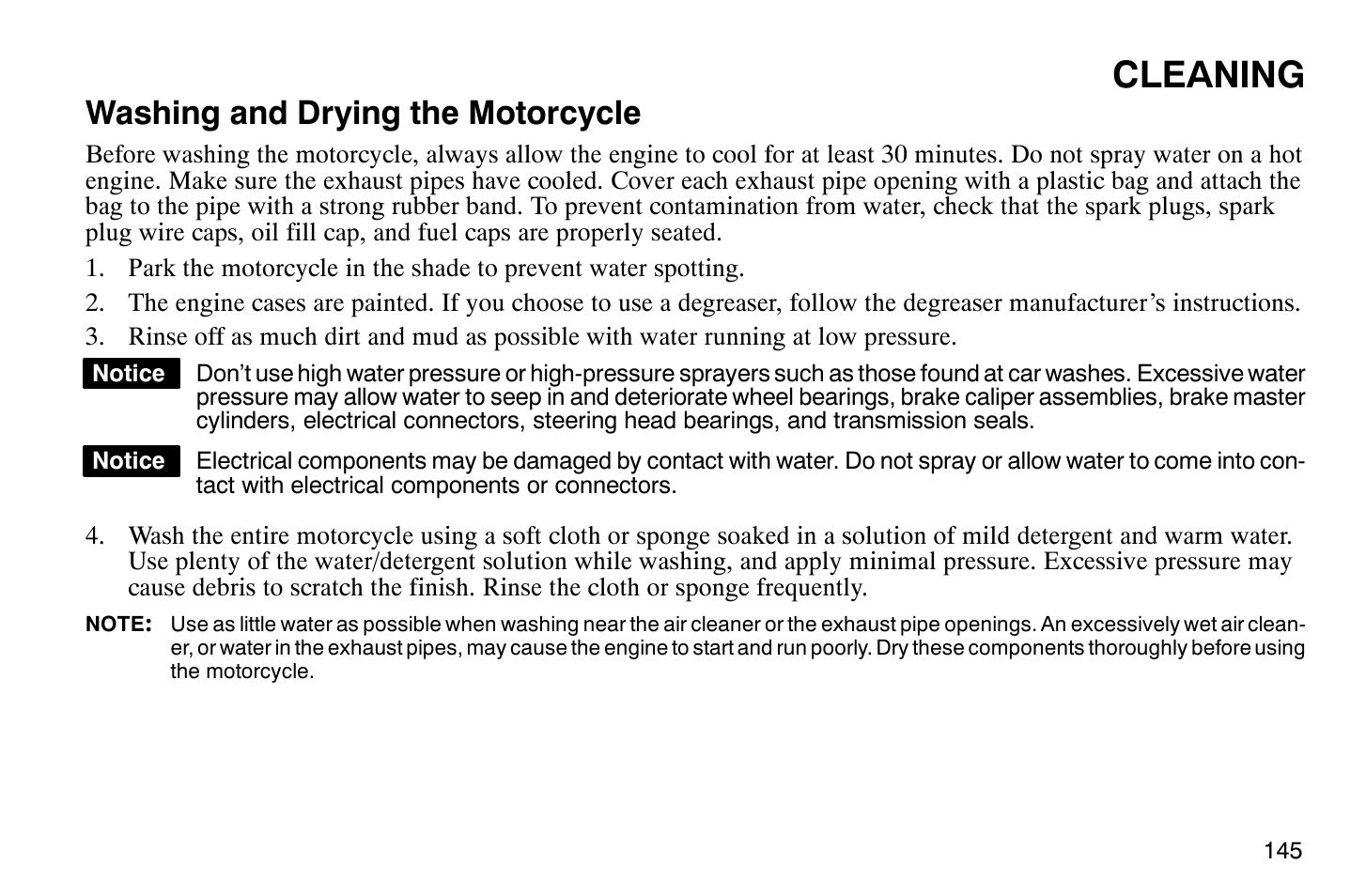 Cleaning, Washing and drying the motorcycle | Polaris 2009 Victory Vegas User Manual | Page 150 / 178