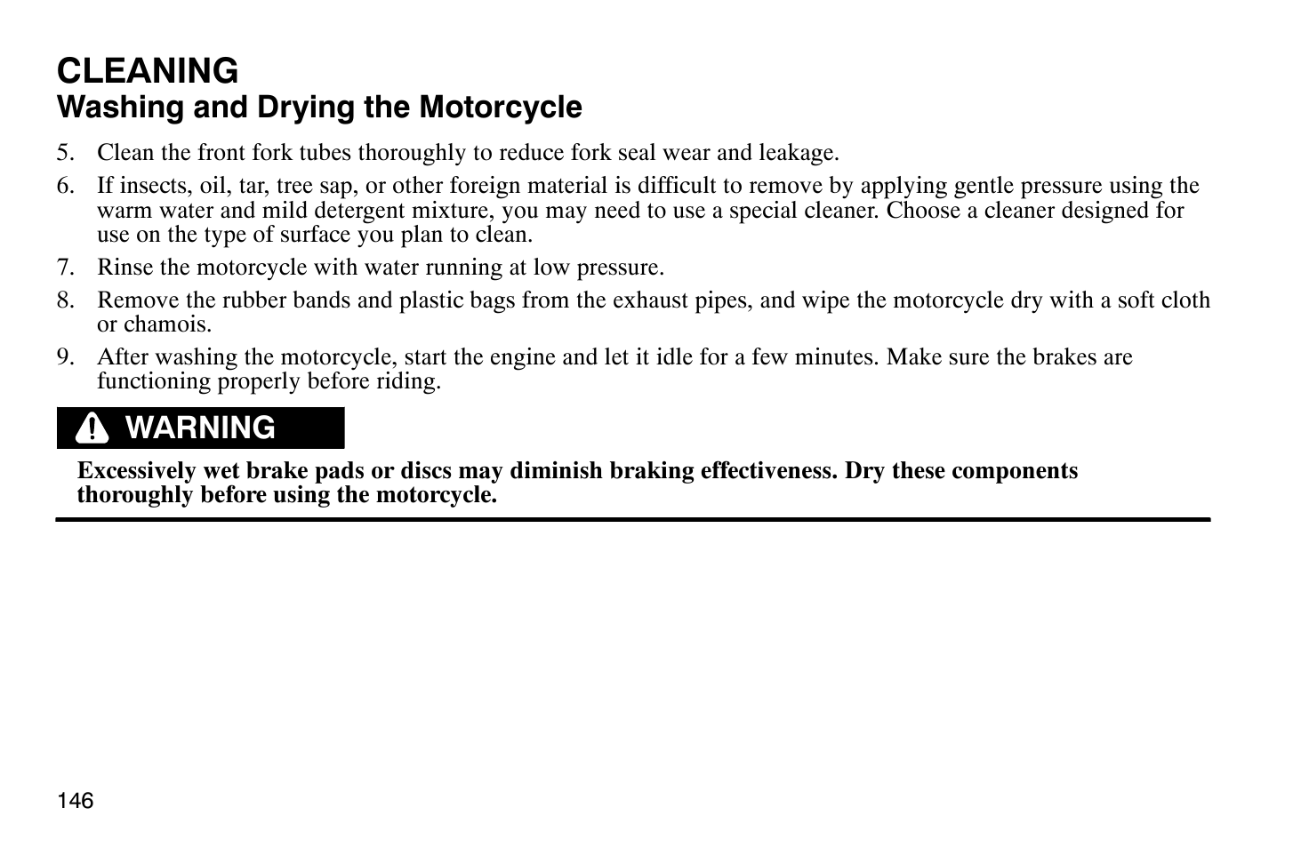 Cleaning, Washing and drying the motorcycle, Warning | Polaris 2009 Victory Vegas User Manual | Page 151 / 178