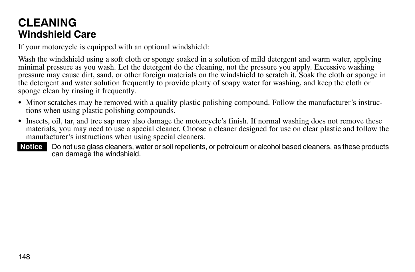 Cleaning, Windshield care | Polaris 2009 Victory Vegas User Manual | Page 153 / 178