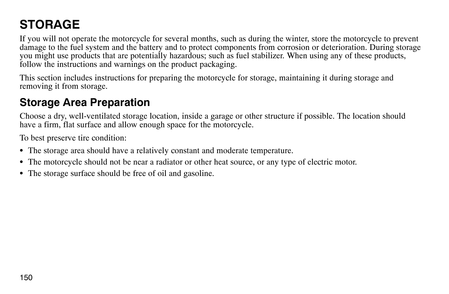 Storage, Storage area preparation | Polaris 2009 Victory Vegas User Manual | Page 155 / 178