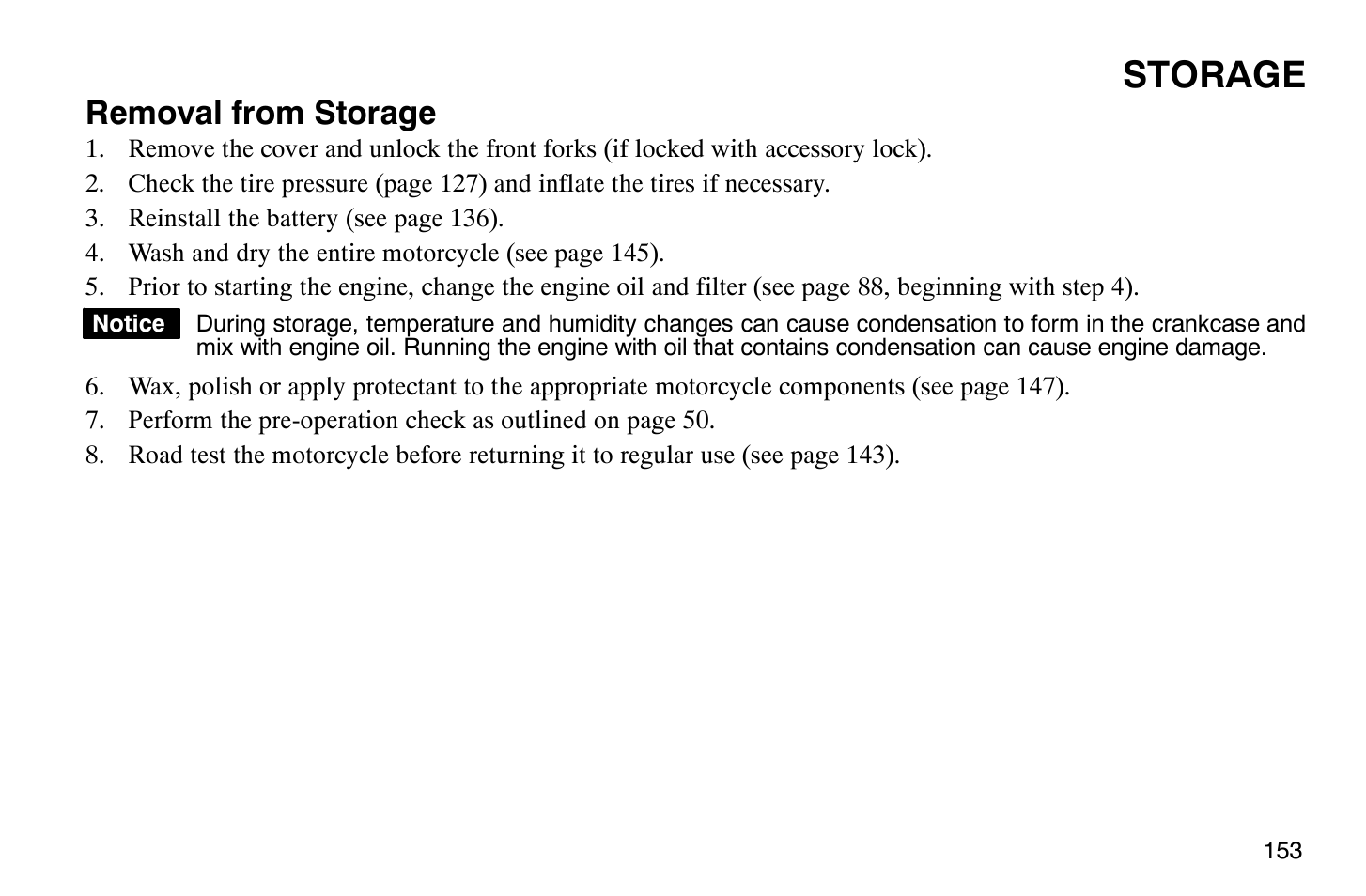 Storage, Removal from storage | Polaris 2009 Victory Vegas User Manual | Page 158 / 178