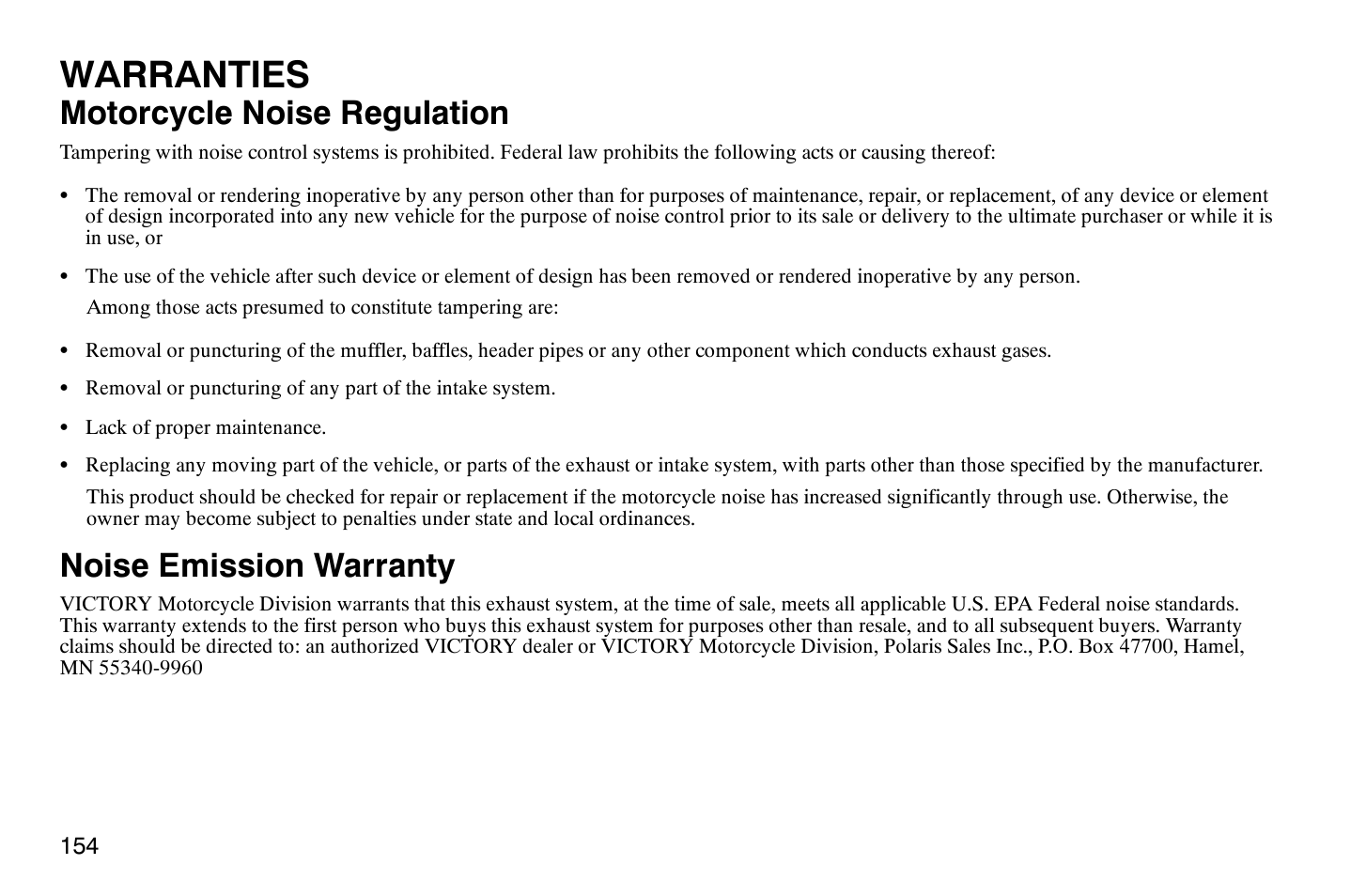 Warranties, Motorcycle noise regulation, Noise emission warranty | Polaris 2009 Victory Vegas User Manual | Page 159 / 178