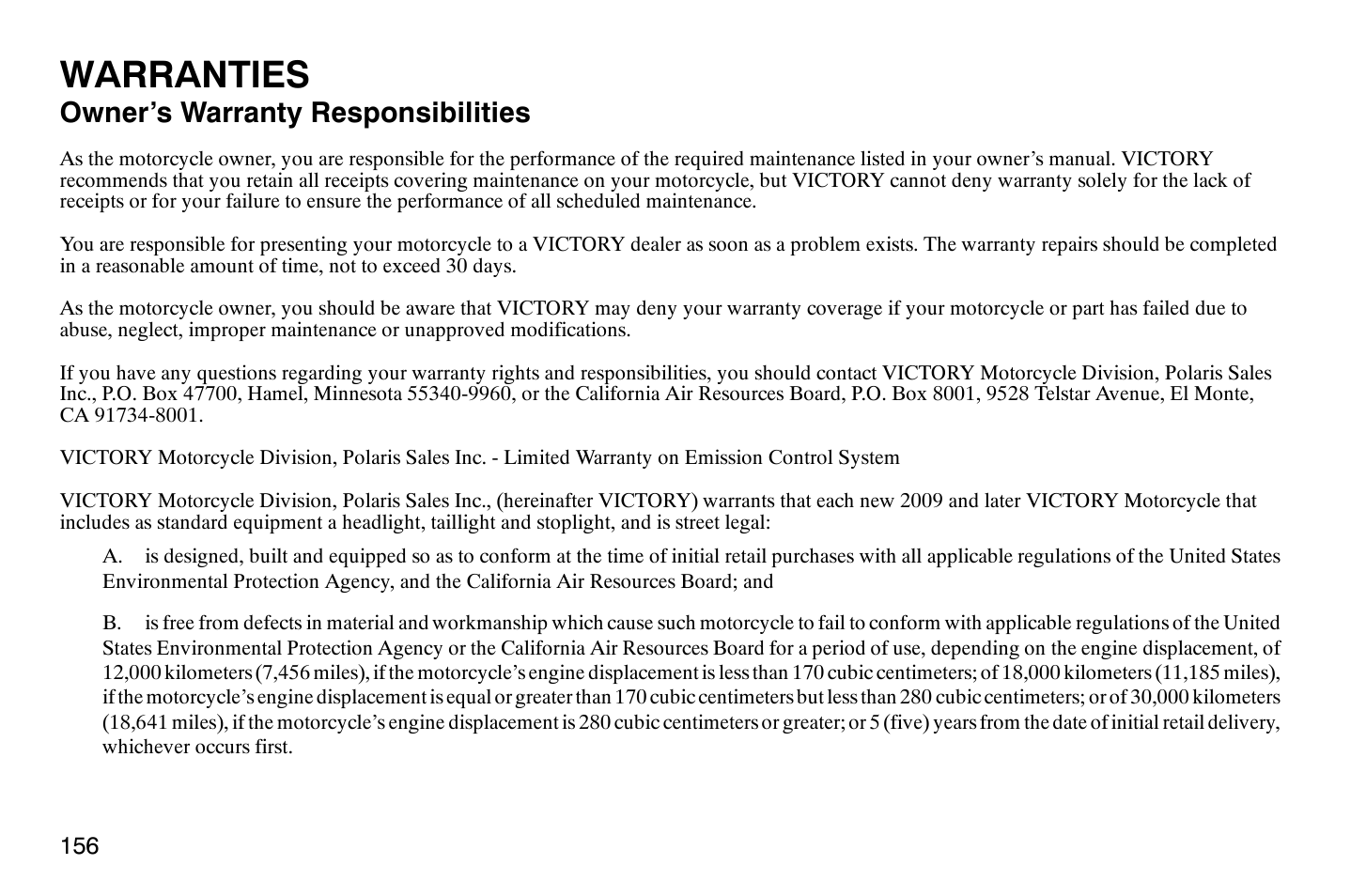Warranties, Owner’s warranty responsibilities | Polaris 2009 Victory Vegas User Manual | Page 161 / 178