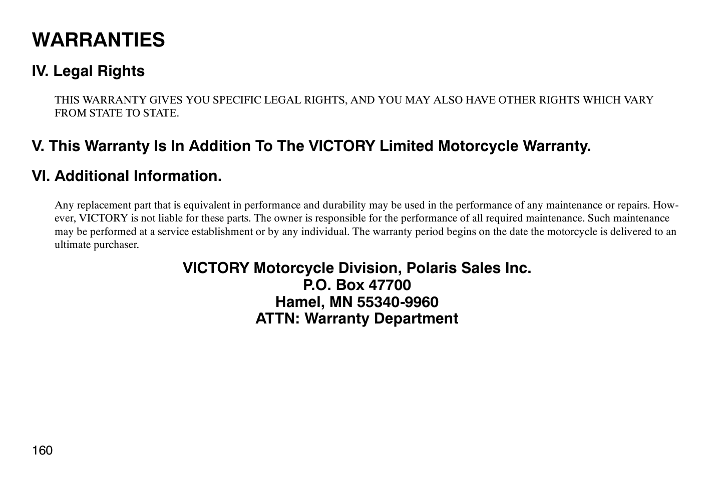 Warranties | Polaris 2009 Victory Vegas User Manual | Page 165 / 178