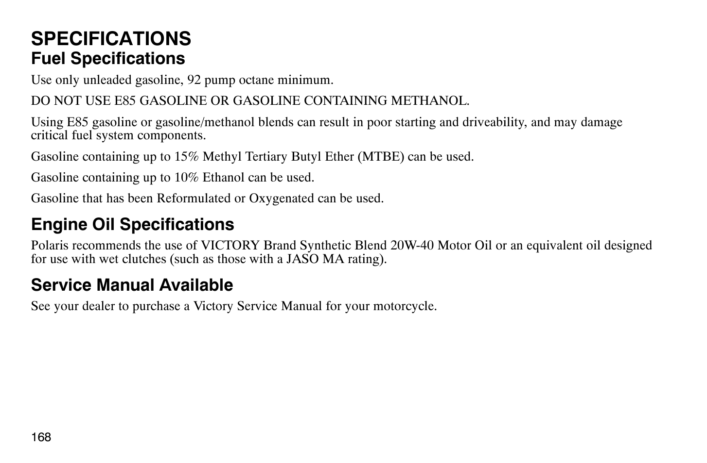 Specifications | Polaris 2009 Victory Vegas User Manual | Page 173 / 178