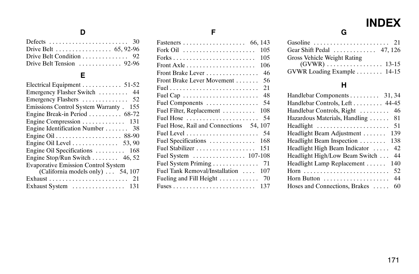 Index | Polaris 2009 Victory Vegas User Manual | Page 176 / 178