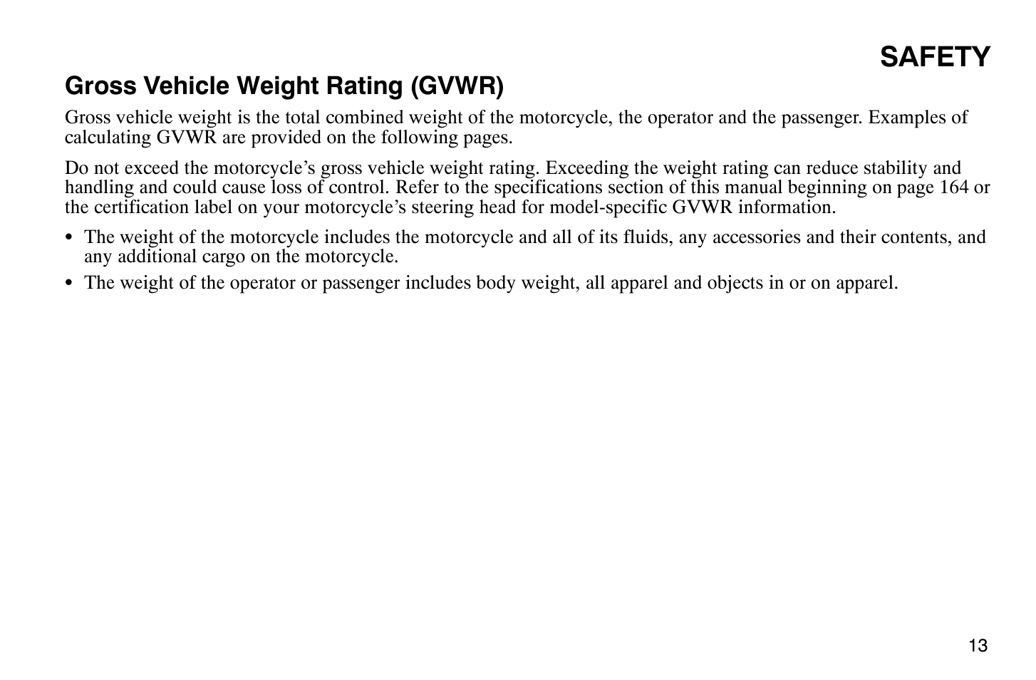 Safety, Gross vehicle weight rating (gvwr) | Polaris 2009 Victory Vegas User Manual | Page 18 / 178