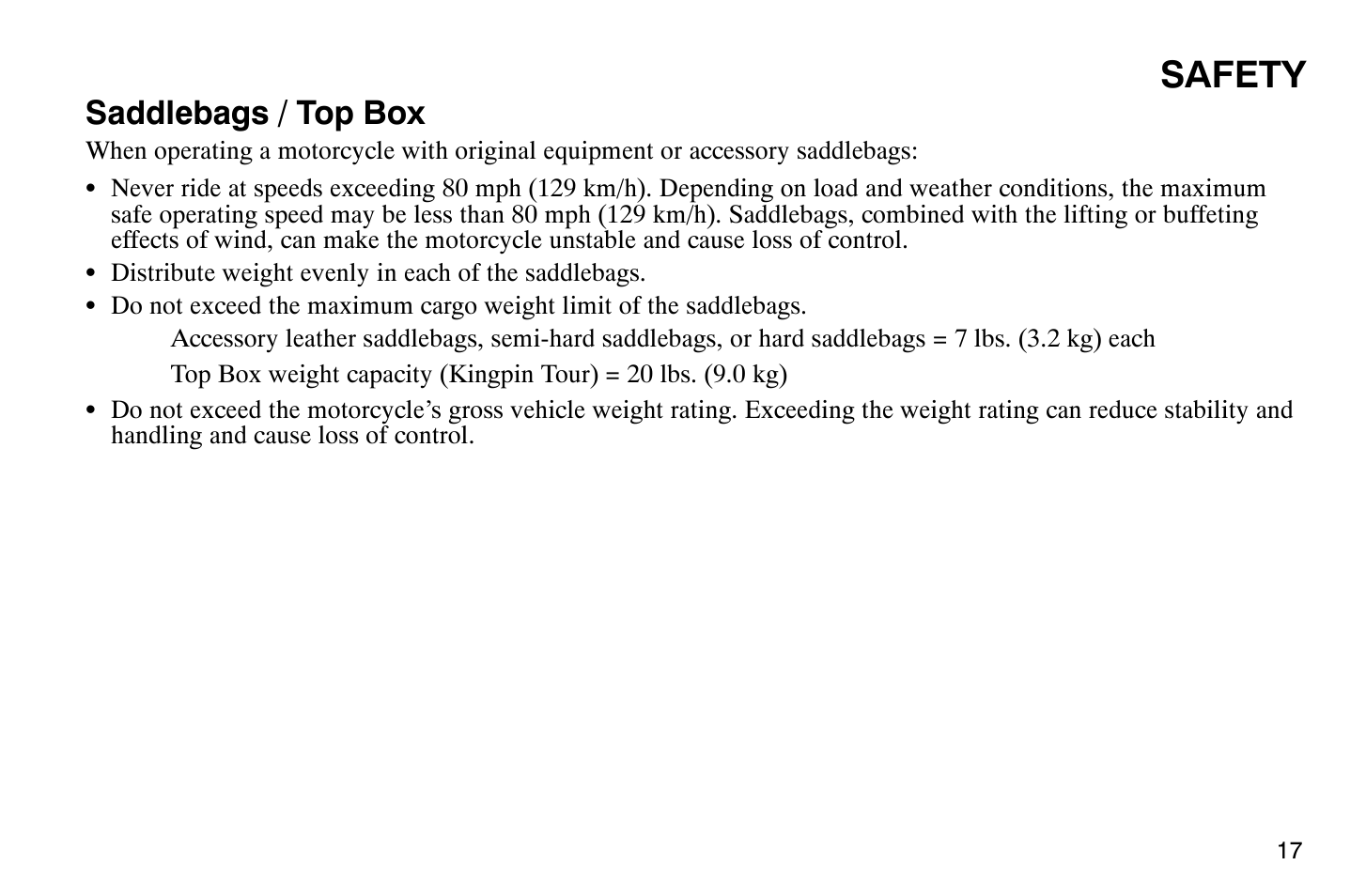 Safety, Saddlebags / top box | Polaris 2009 Victory Vegas User Manual | Page 22 / 178