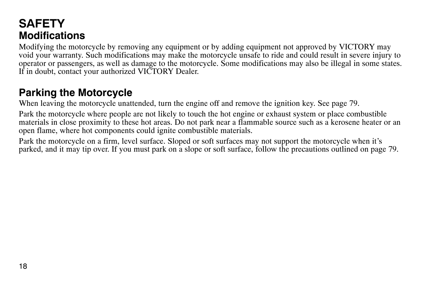 Safety, Modifications, Parking the motorcycle | Polaris 2009 Victory Vegas User Manual | Page 23 / 178