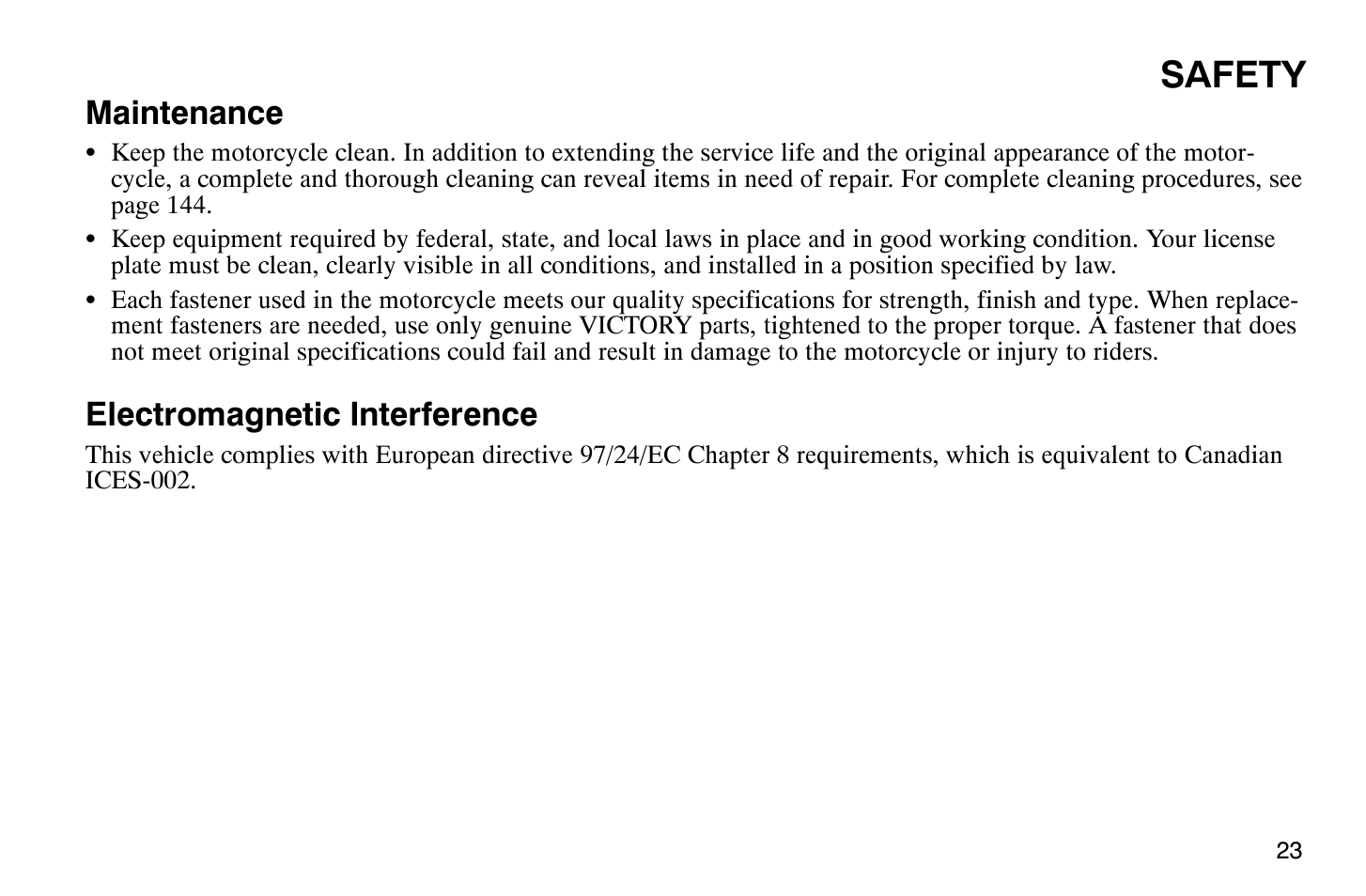 Safety, Maintenance, Electromagnetic interference | Polaris 2009 Victory Vegas User Manual | Page 28 / 178