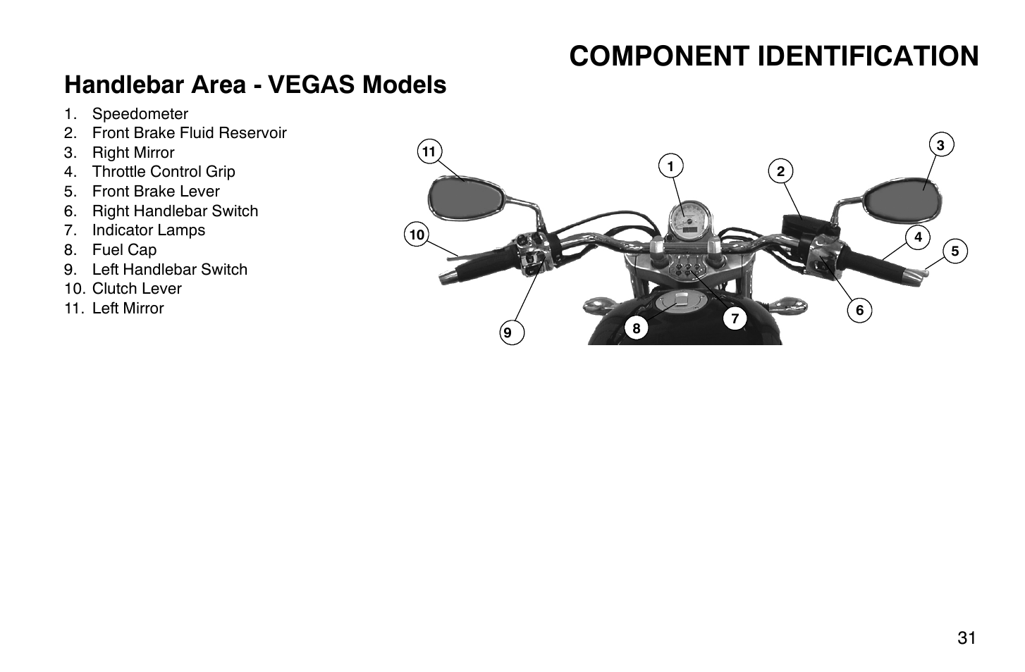 Component identification, Handlebar area - vegas models | Polaris 2009 Victory Vegas User Manual | Page 36 / 178
