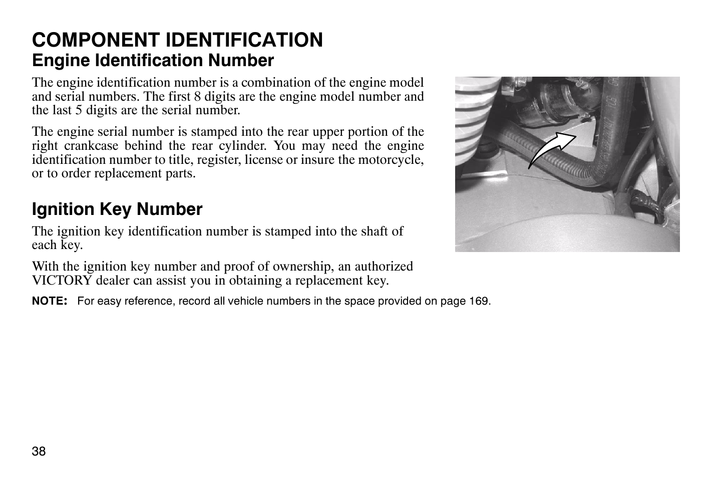 Component identification, Engine identification number, Ignition key number | Polaris 2009 Victory Vegas User Manual | Page 43 / 178