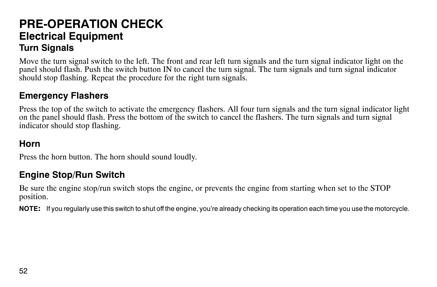 Pre-operation check, Electrical equipment | Polaris 2009 Victory Vegas User Manual | Page 57 / 178