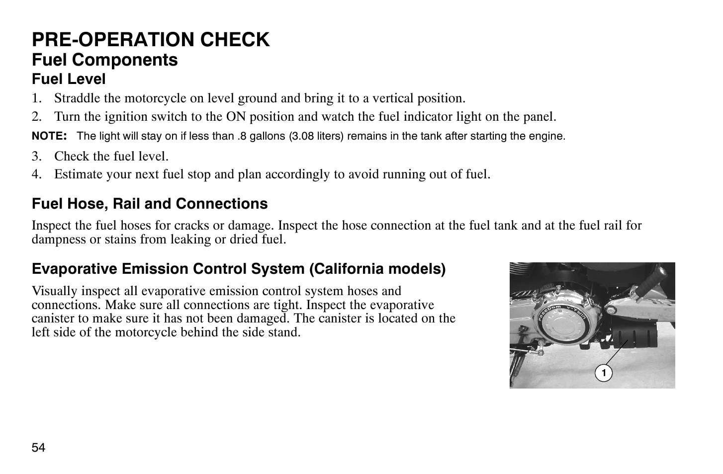 Pre-operation check, Fuel components | Polaris 2009 Victory Vegas User Manual | Page 59 / 178