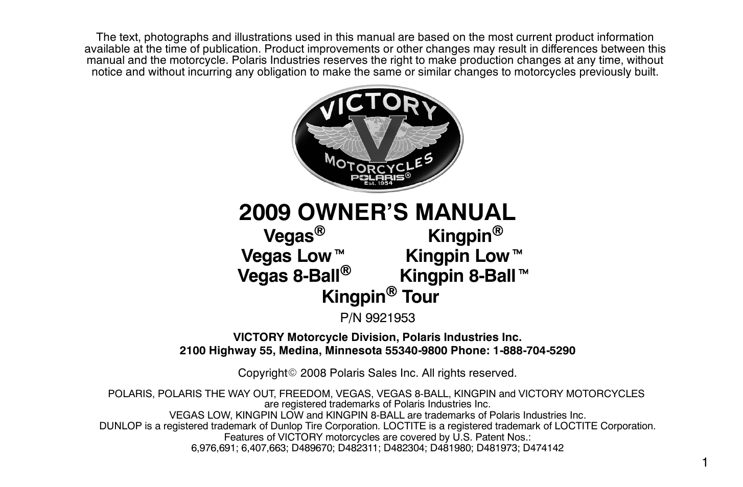 2009 owner’s manual, Kingpin, Kingpin low t kingpin 8-ball t | Vegas, Vegas low t vegas 8-ball, Tour | Polaris 2009 Victory Vegas User Manual | Page 6 / 178