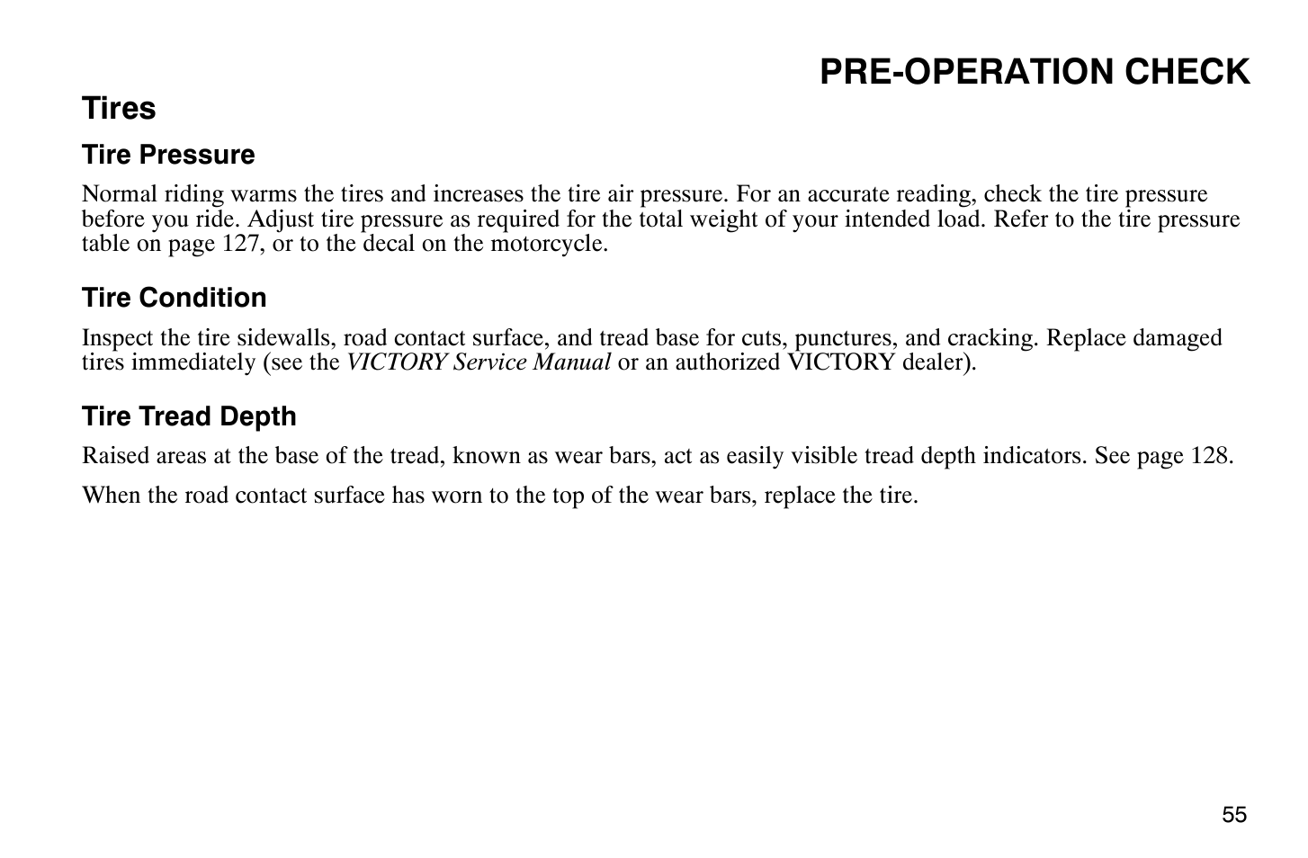 Pre-operation check, Tires | Polaris 2009 Victory Vegas User Manual | Page 60 / 178