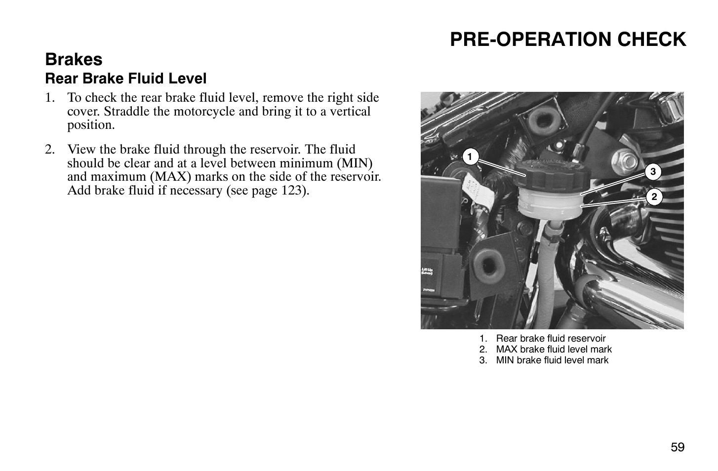 Pre-operation check, Brakes | Polaris 2009 Victory Vegas User Manual | Page 64 / 178