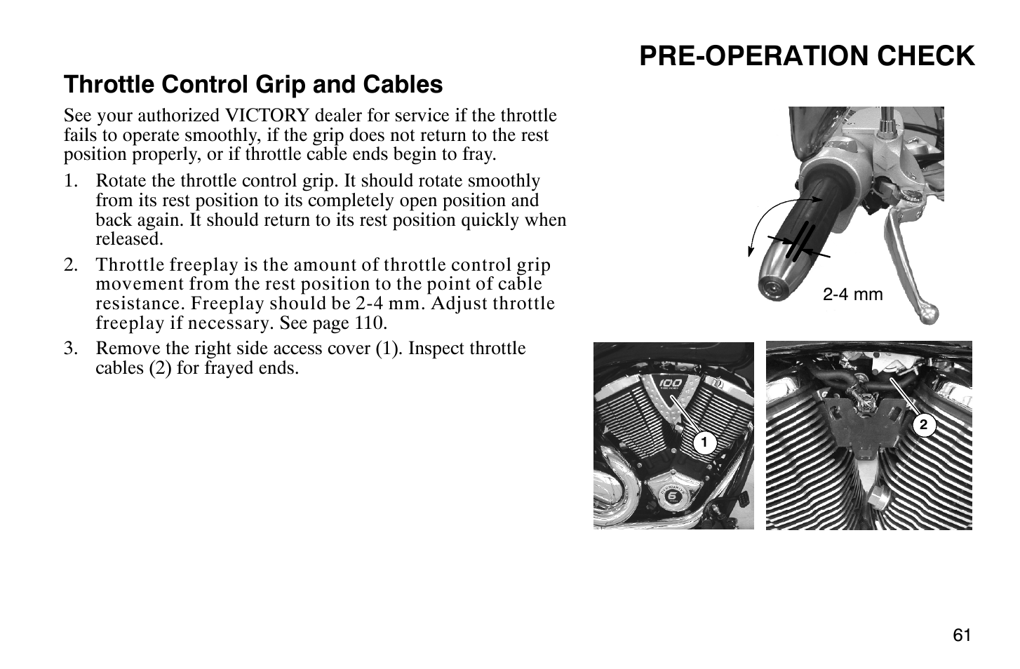 Pre-operation check, Throttle control grip and cables | Polaris 2009 Victory Vegas User Manual | Page 66 / 178
