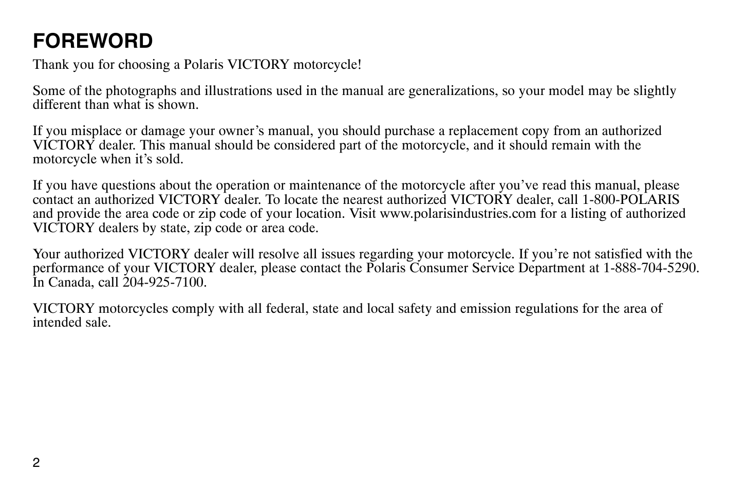 Foreword | Polaris 2009 Victory Vegas User Manual | Page 7 / 178