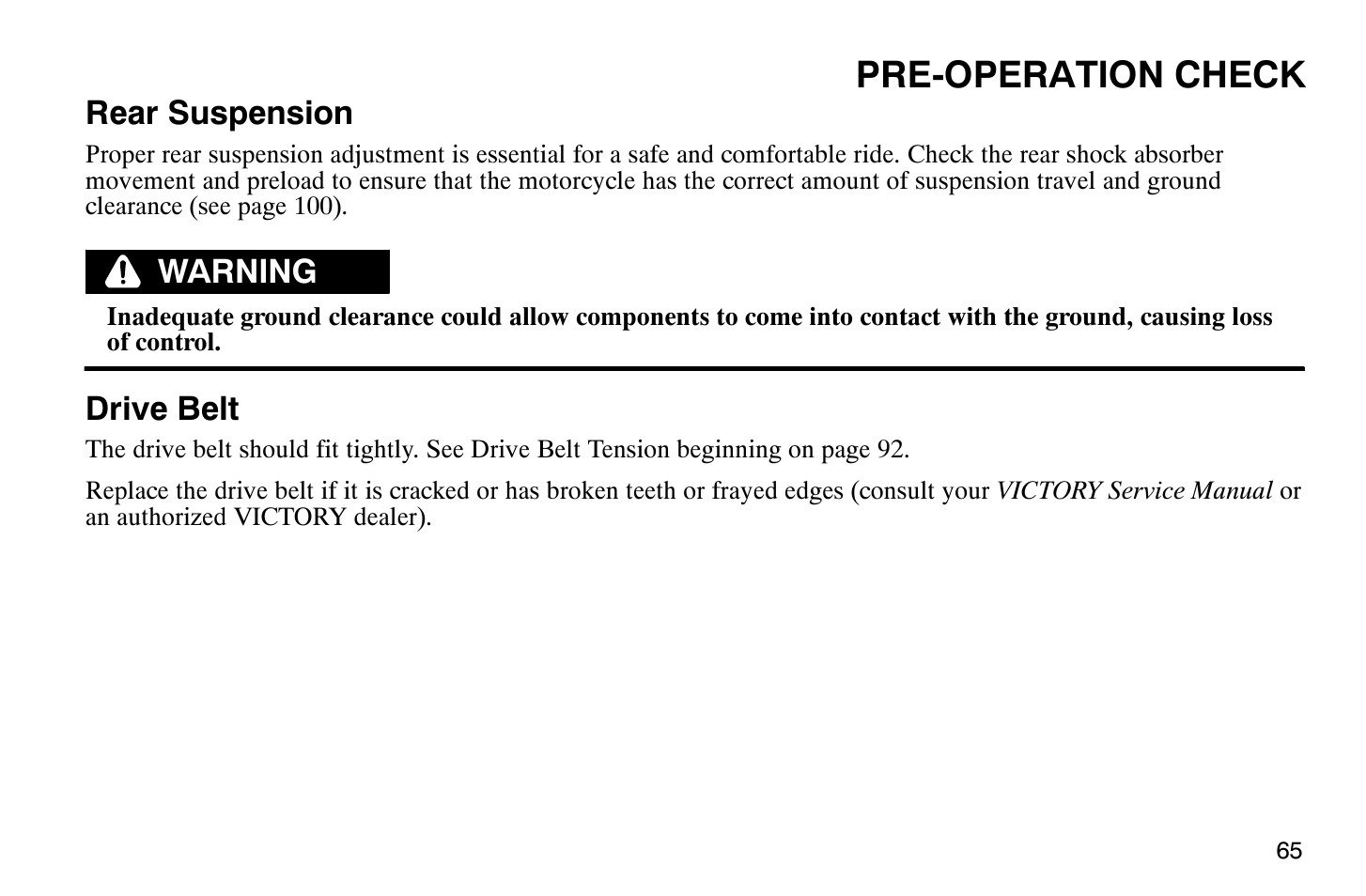 Pre-operation check | Polaris 2009 Victory Vegas User Manual | Page 70 / 178