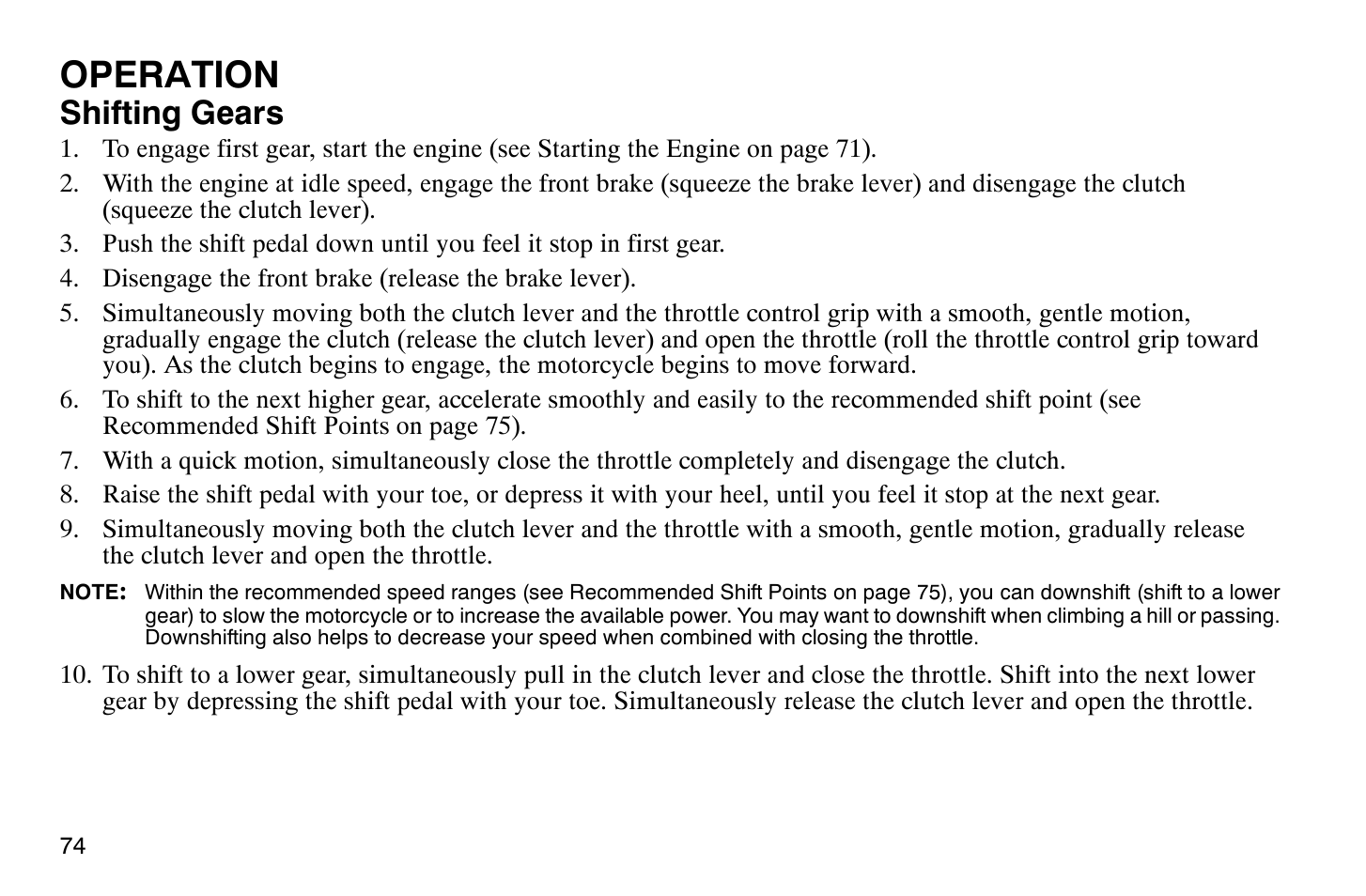 Operation, Shifting gears | Polaris 2009 Victory Vegas User Manual | Page 79 / 178