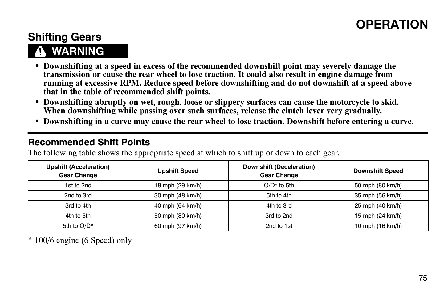 Operation, Shifting gears, Warning | Recommended shift points | Polaris 2009 Victory Vegas User Manual | Page 80 / 178