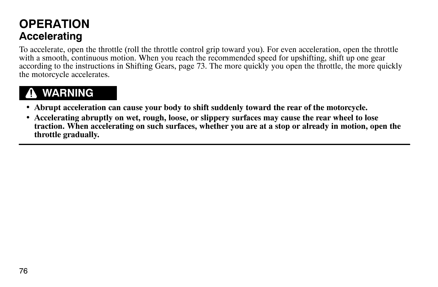 Operation, Accelerating, Warning | Polaris 2009 Victory Vegas User Manual | Page 81 / 178