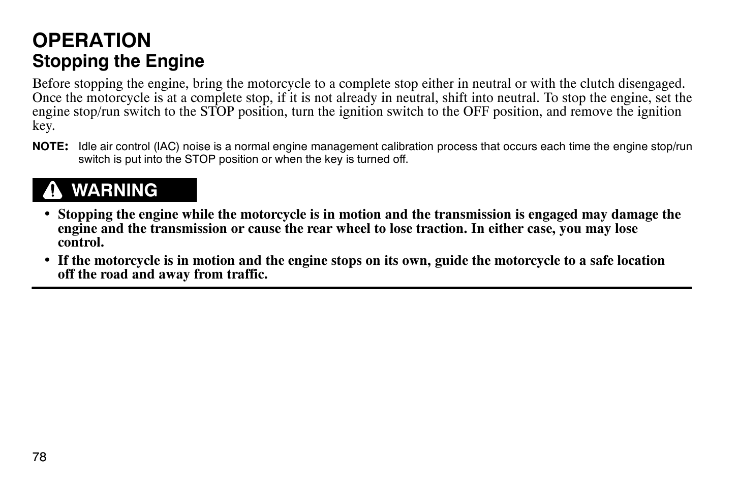 Operation, Stopping the engine, Warning | Polaris 2009 Victory Vegas User Manual | Page 83 / 178