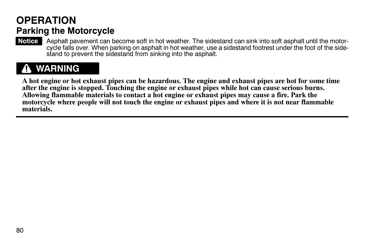 Operation, Parking the motorcycle, Warning | Polaris 2009 Victory Vegas User Manual | Page 85 / 178