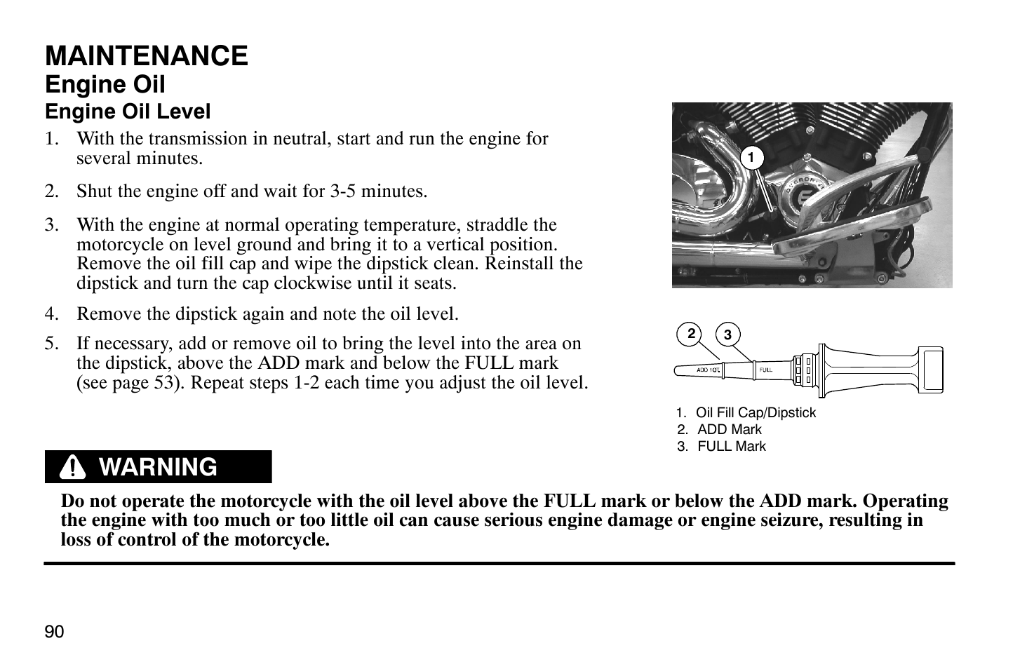 Maintenance, Engine oil, Warning | Polaris 2009 Victory Vegas User Manual | Page 95 / 178