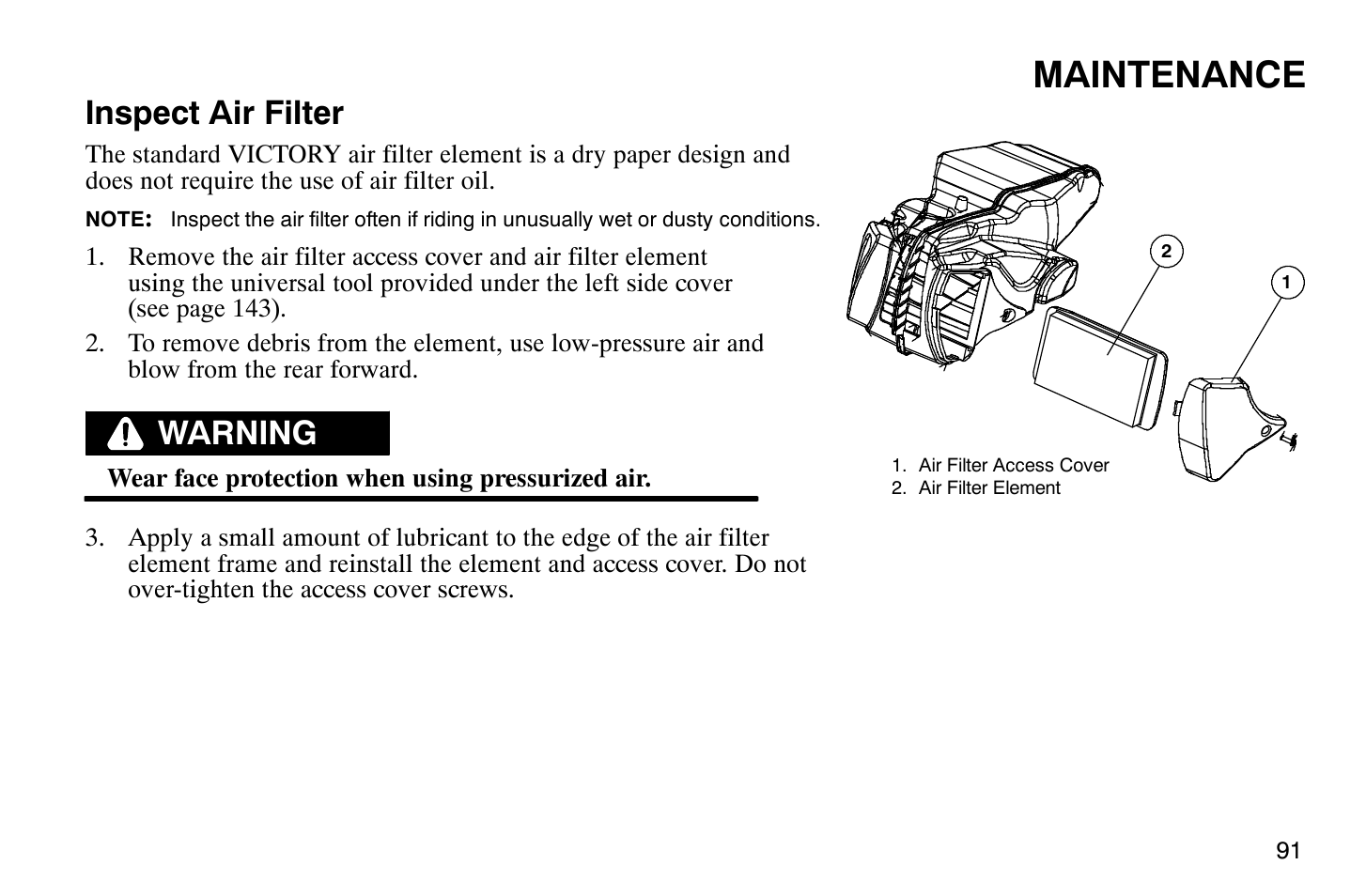 Maintenance, Inspect air filter, Warning | Polaris 2009 Victory Vegas User Manual | Page 96 / 178