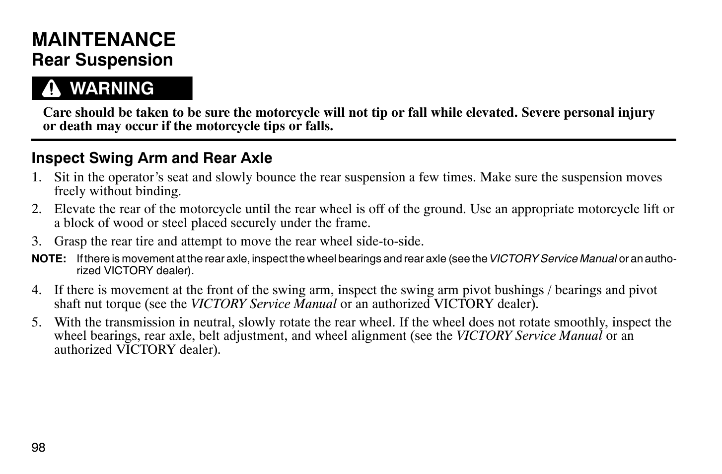 Maintenance, Rear suspension, Warning | Polaris 2009 Victory Vegas Jackpot User Manual | Page 103 / 171