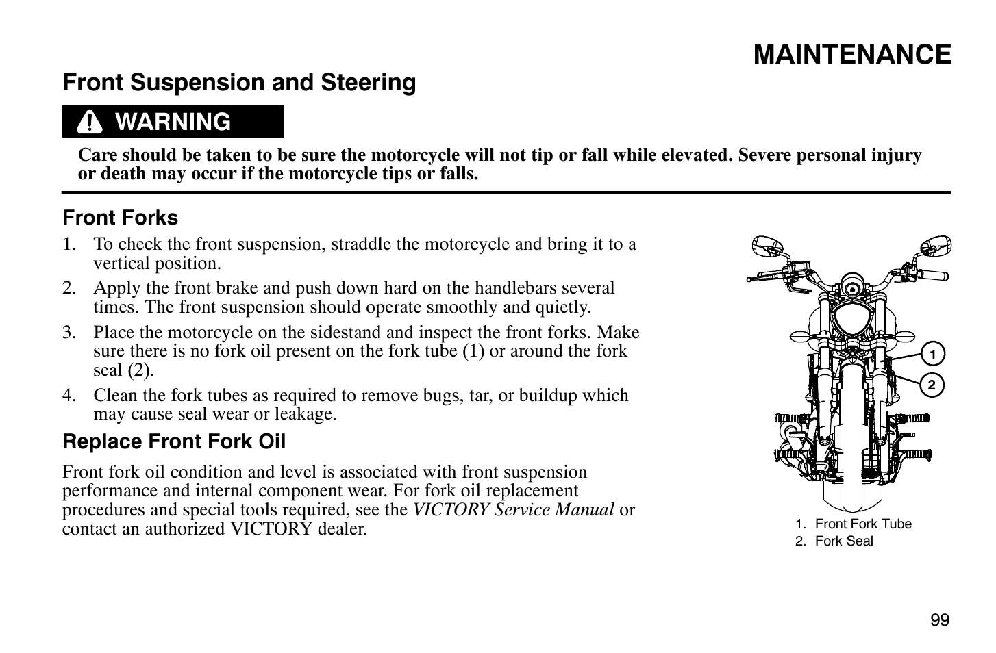 Maintenance, Front suspension and steering, Warning | Polaris 2009 Victory Vegas Jackpot User Manual | Page 104 / 171