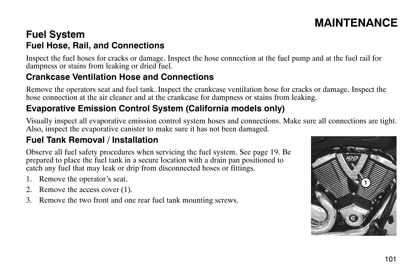 Maintenance, Fuel system | Polaris 2009 Victory Vegas Jackpot User Manual | Page 106 / 171