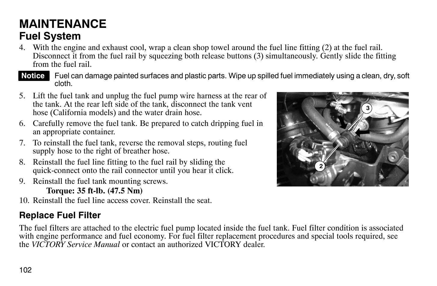 Maintenance, Fuel system | Polaris 2009 Victory Vegas Jackpot User Manual | Page 107 / 171