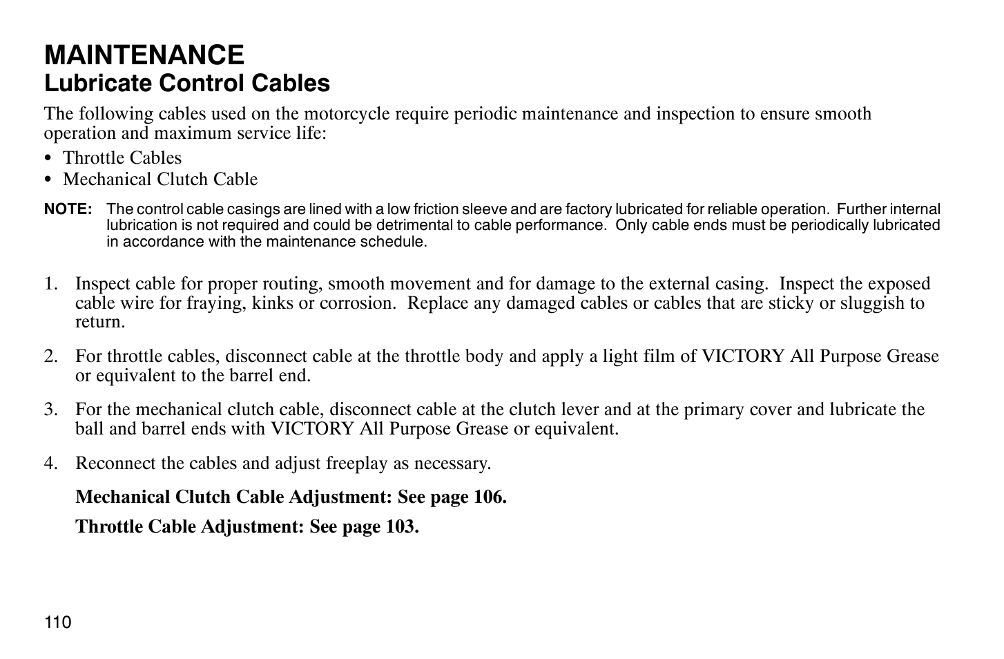 Maintenance, Lubricate control cables | Polaris 2009 Victory Vegas Jackpot User Manual | Page 115 / 171