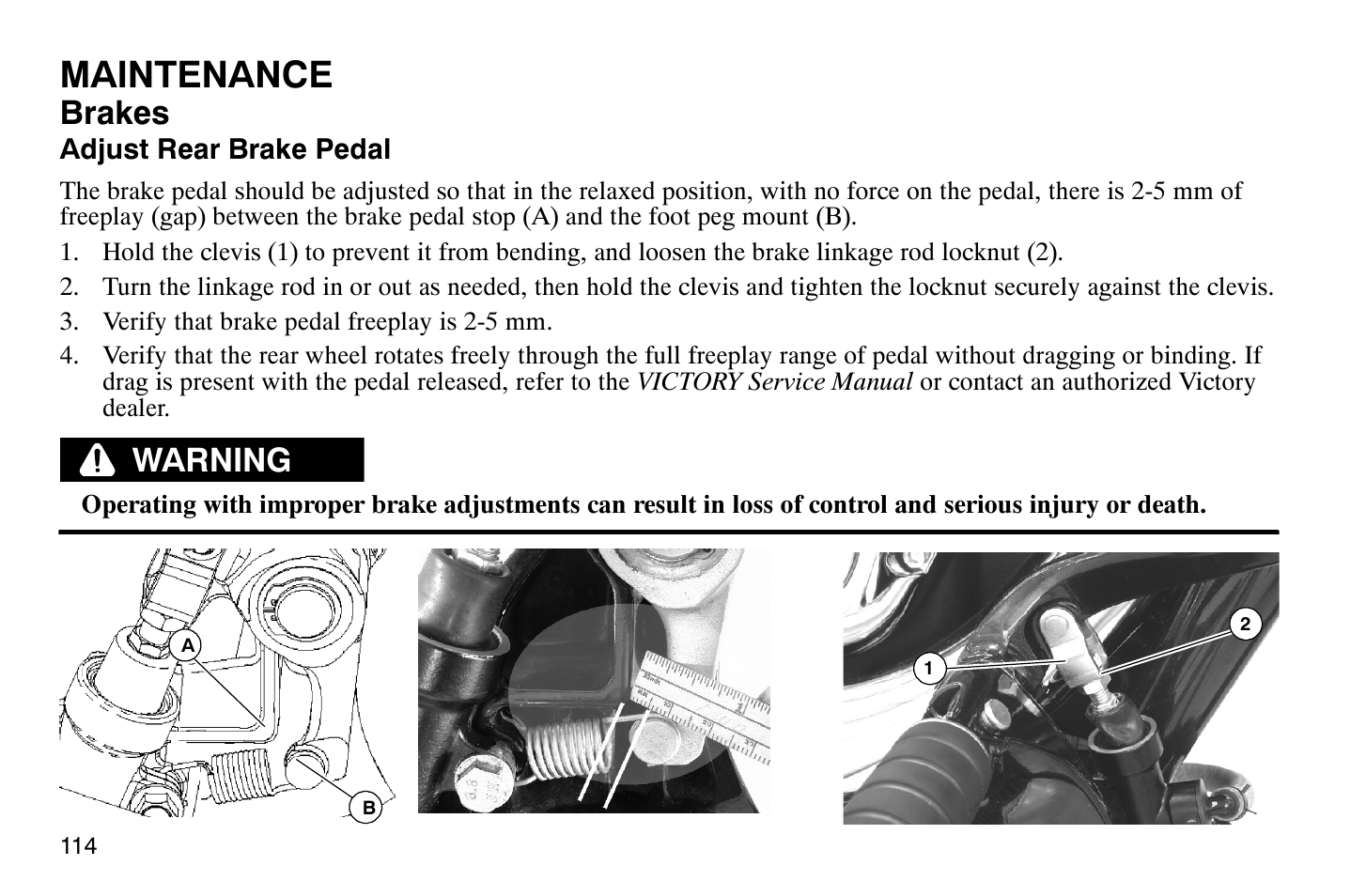 Maintenance, Brakes, Warning | Polaris 2009 Victory Vegas Jackpot User Manual | Page 119 / 171