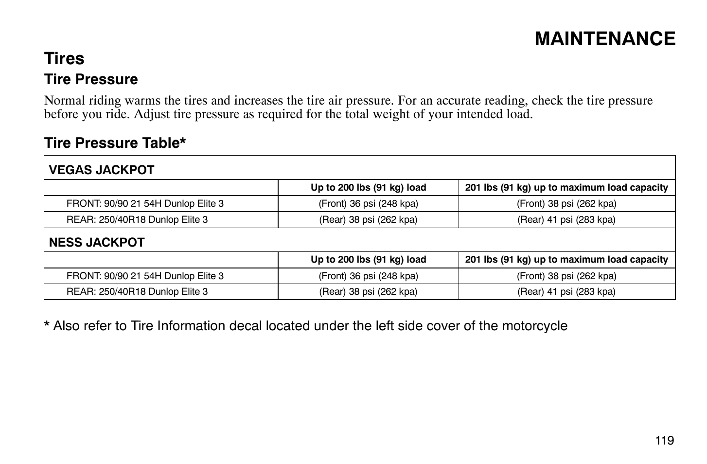 Maintenance, Tires, Tire pressure | Tire pressure table | Polaris 2009 Victory Vegas Jackpot User Manual | Page 124 / 171