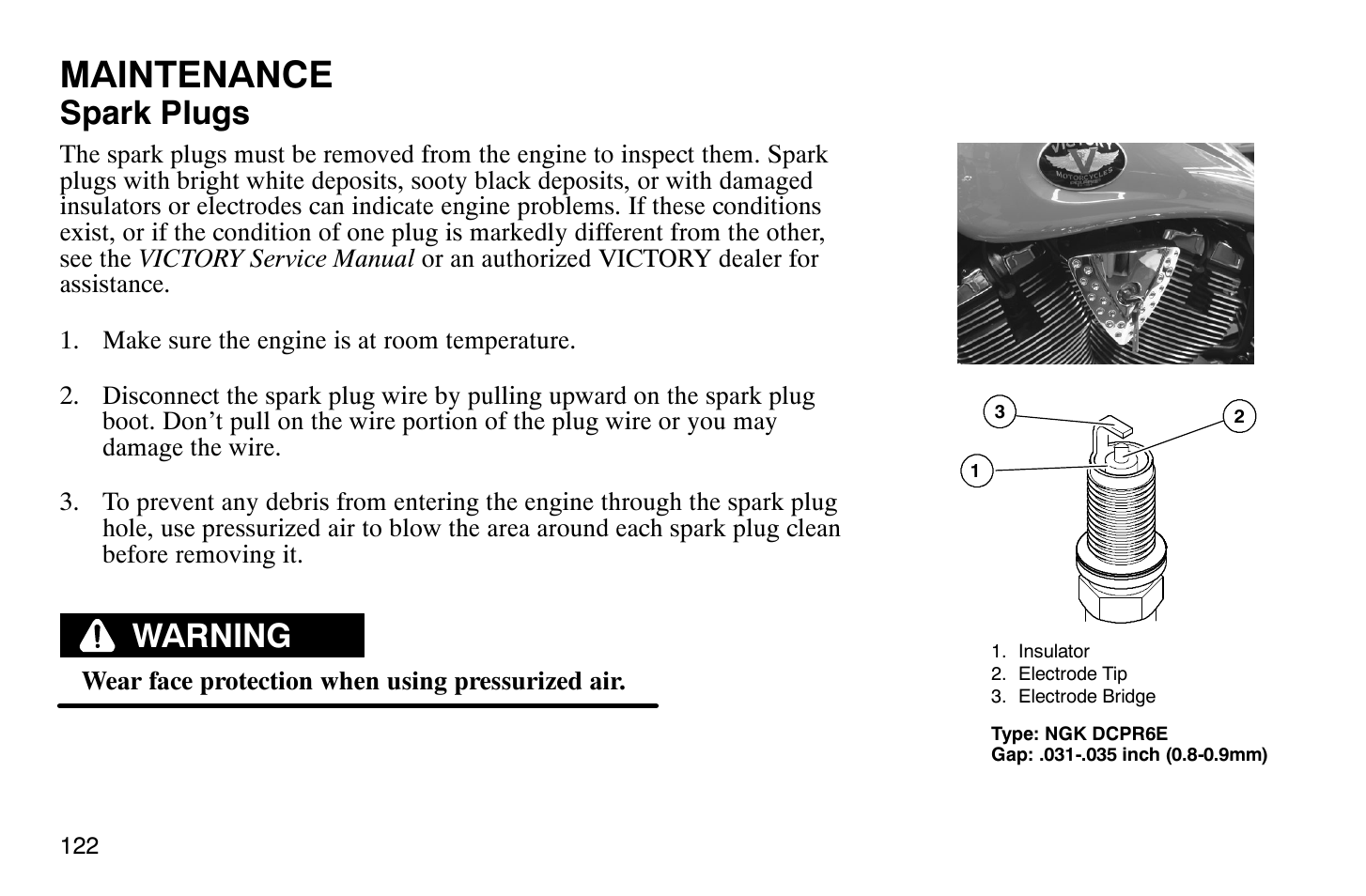 Maintenance, Spark plugs, Warning | Polaris 2009 Victory Vegas Jackpot User Manual | Page 127 / 171